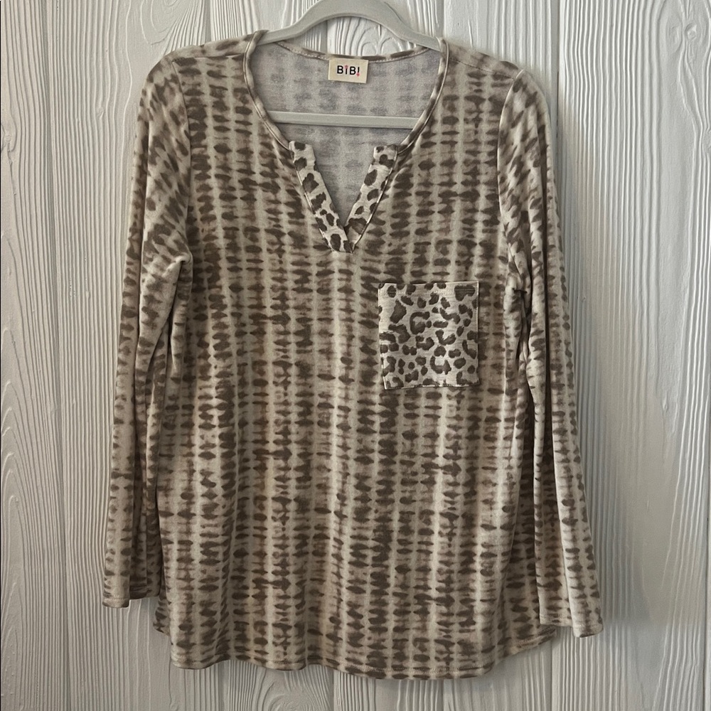 BiBi Beige and Brown Patterned Long Sleeve Top